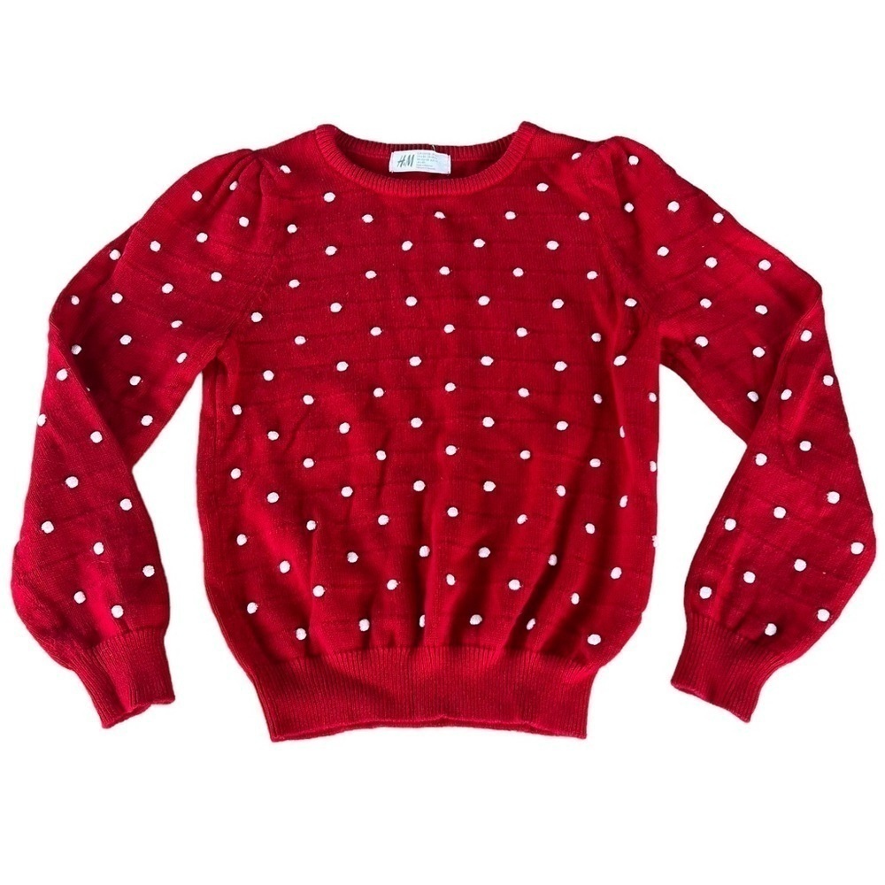 H&M Textured Knit Sweater 6X/7 Red White Polka Dots Puff Sleeves GUC